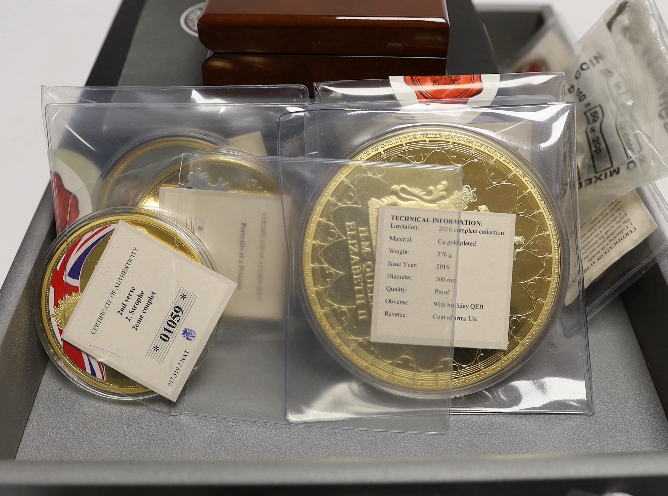 QEII coins, mint Edward VIII strike pattern set of 6 coins, Tristan da Cunha crowns x 4, 2015, Battle of Waterloo, A War to End all Wars, Their finest Hour, Queen's 90th Birthday 2016 collection 6 coins, Princess Diana,